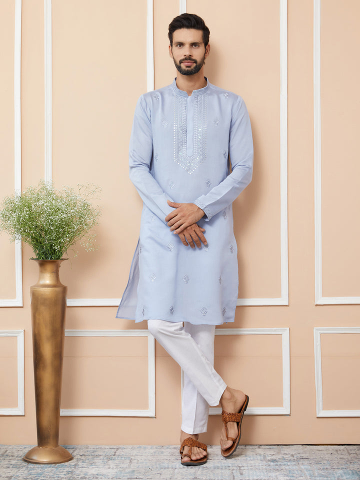 Pastel Blue Embroidered Chanderi Silk Straight Kurta with Pyjama