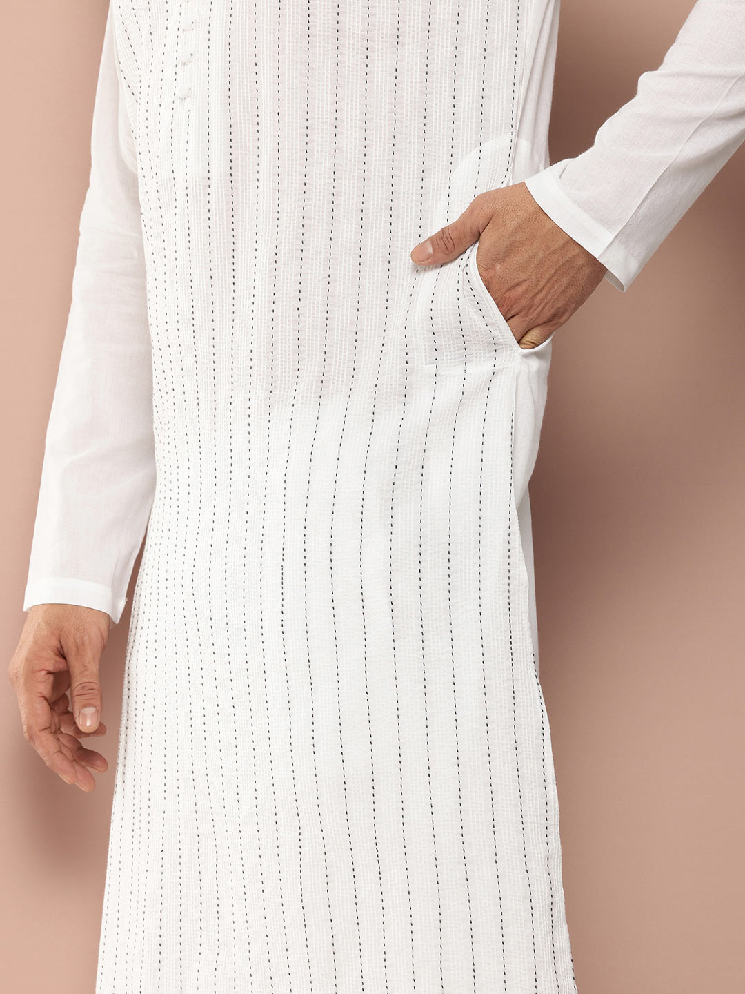 Men’s White Cotton Kurta with Thread Work, Paired with Pyjama