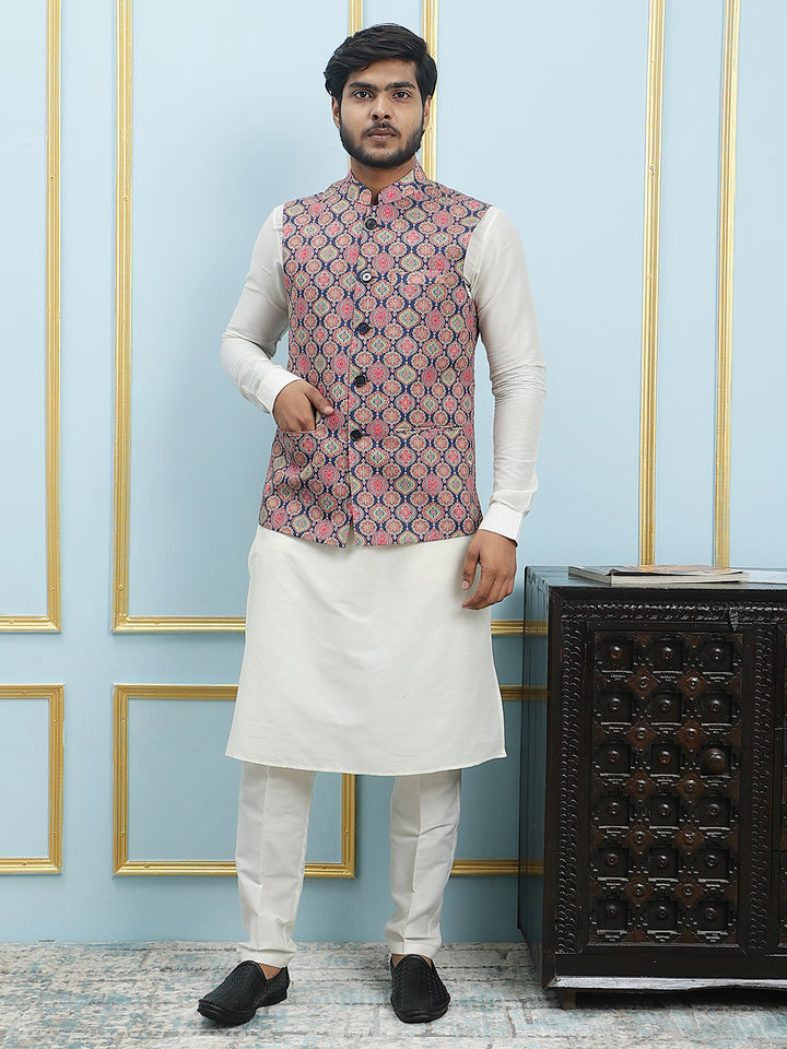 Pure Silk Straight Kurta & Pyjama Set with Printed Cotton Nehru Jacket