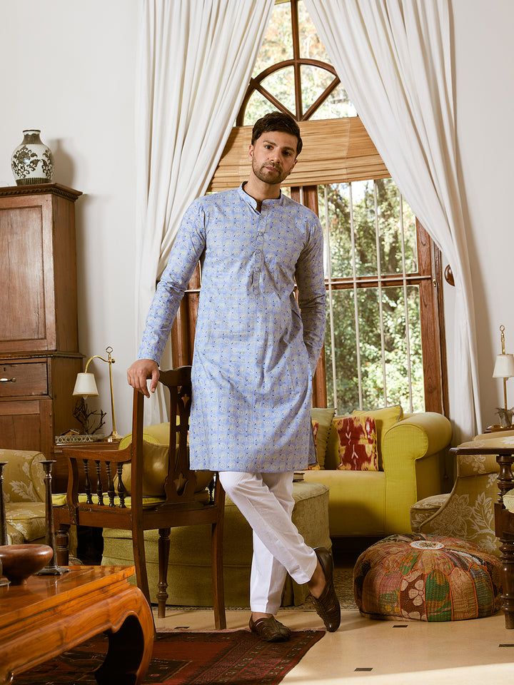 Leaf Printed Pure Cotton Straight Kurta with Pyjama