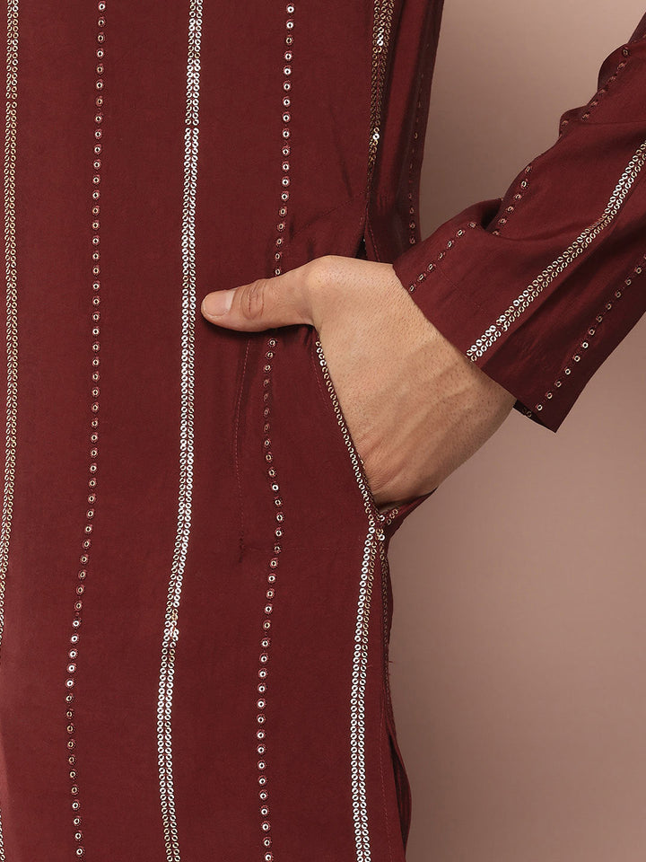 Men’s Maroon Chanderi Silk Kurta with Embroidery and Sequins, Paired with Pyjama