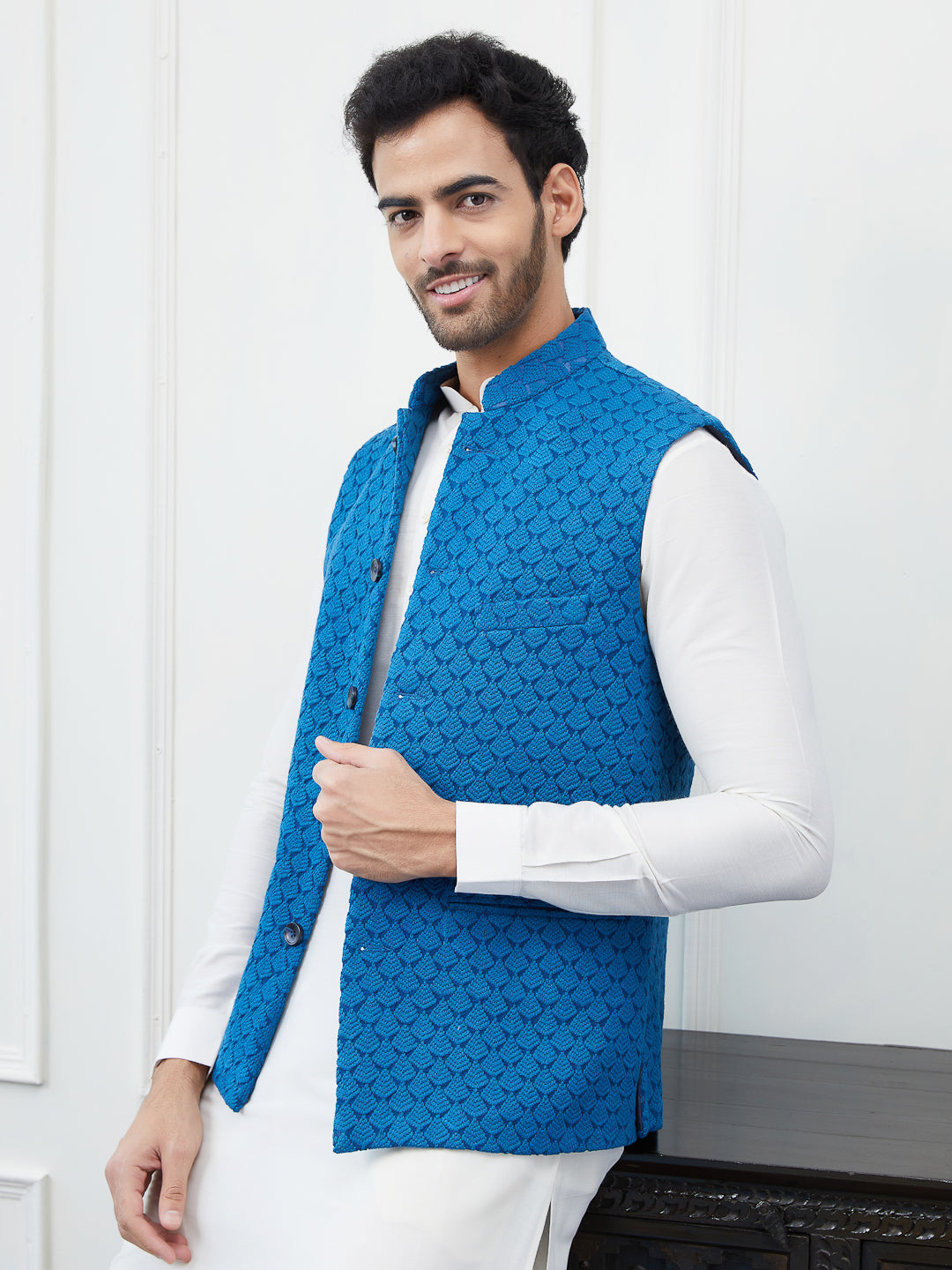 Men's Green Embroidered Nehru Jacket with Sequin Accents