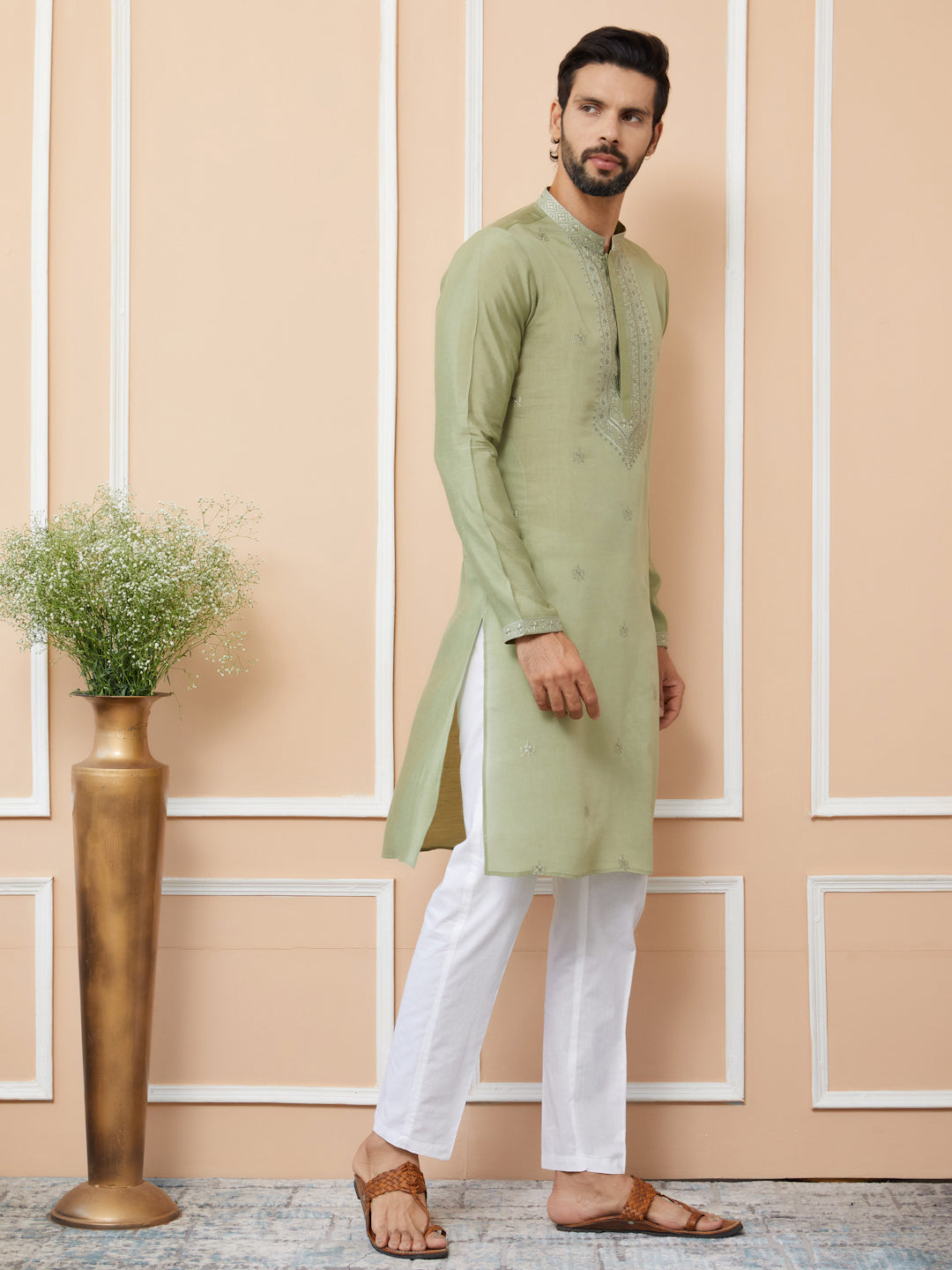Olive Embroidered Chanderi Silk Straight Kurta