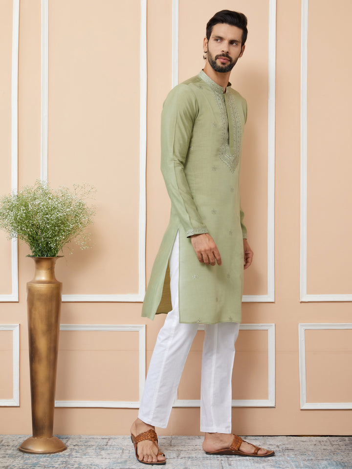 Olive Embroidered Chanderi Silk Straight Kurta