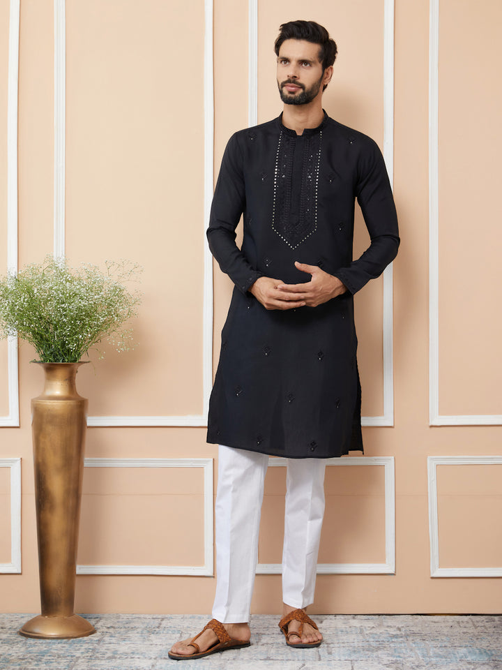 Black Embroidered Chanderi Silk Straight Kurta with Pyjama