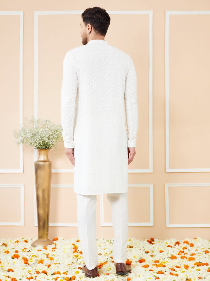 White Sequins Embroidered Rayon Kurta with Pyjama