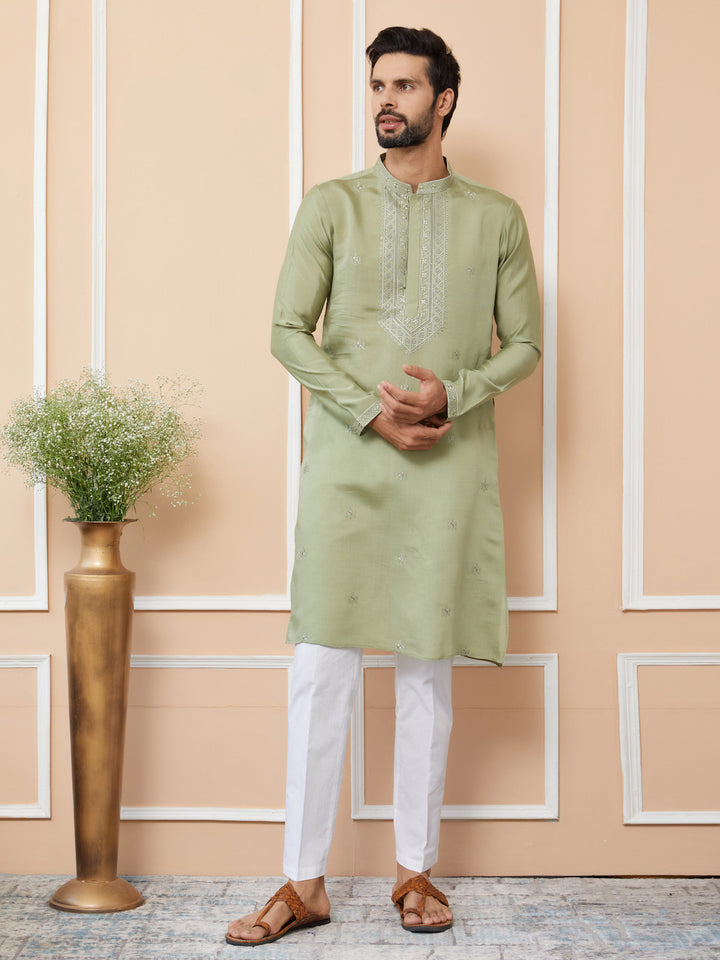 Olive Embroidered Chanderi Silk Straight Kurta