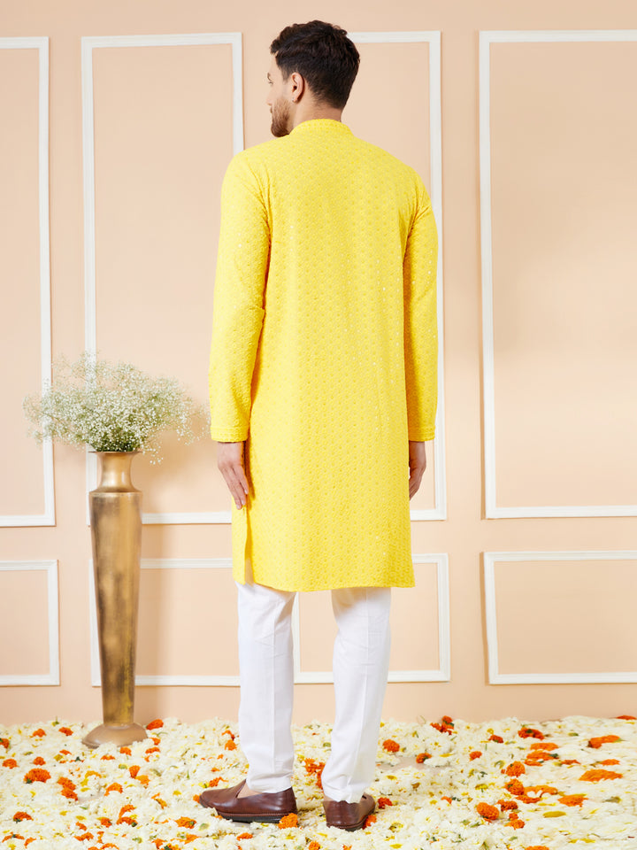 Yellow Sequins Embroidered Rayon Kurta with Pyjama