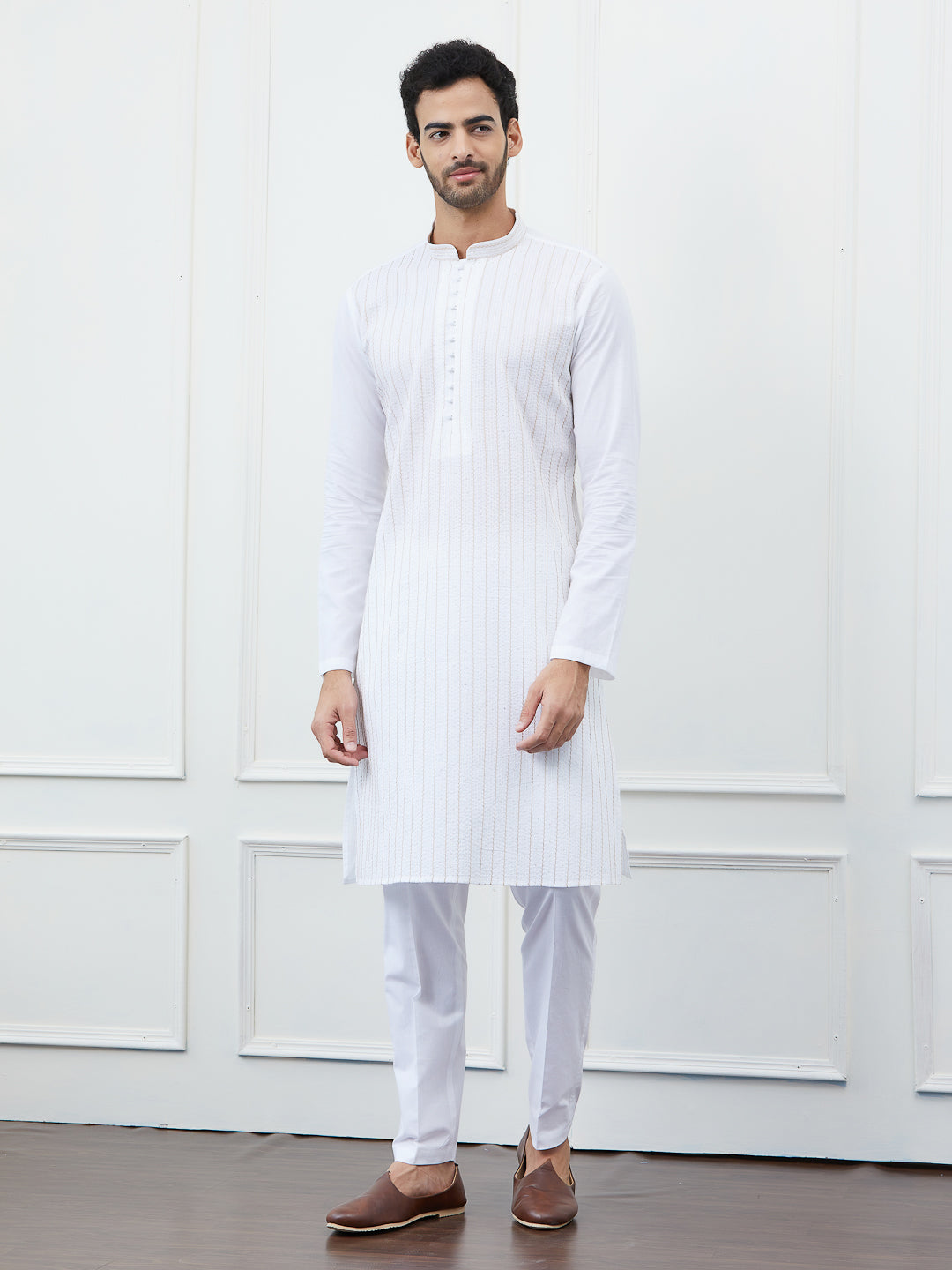 Sequin and Thread Work Pure Cotton Kurta with Pyjama