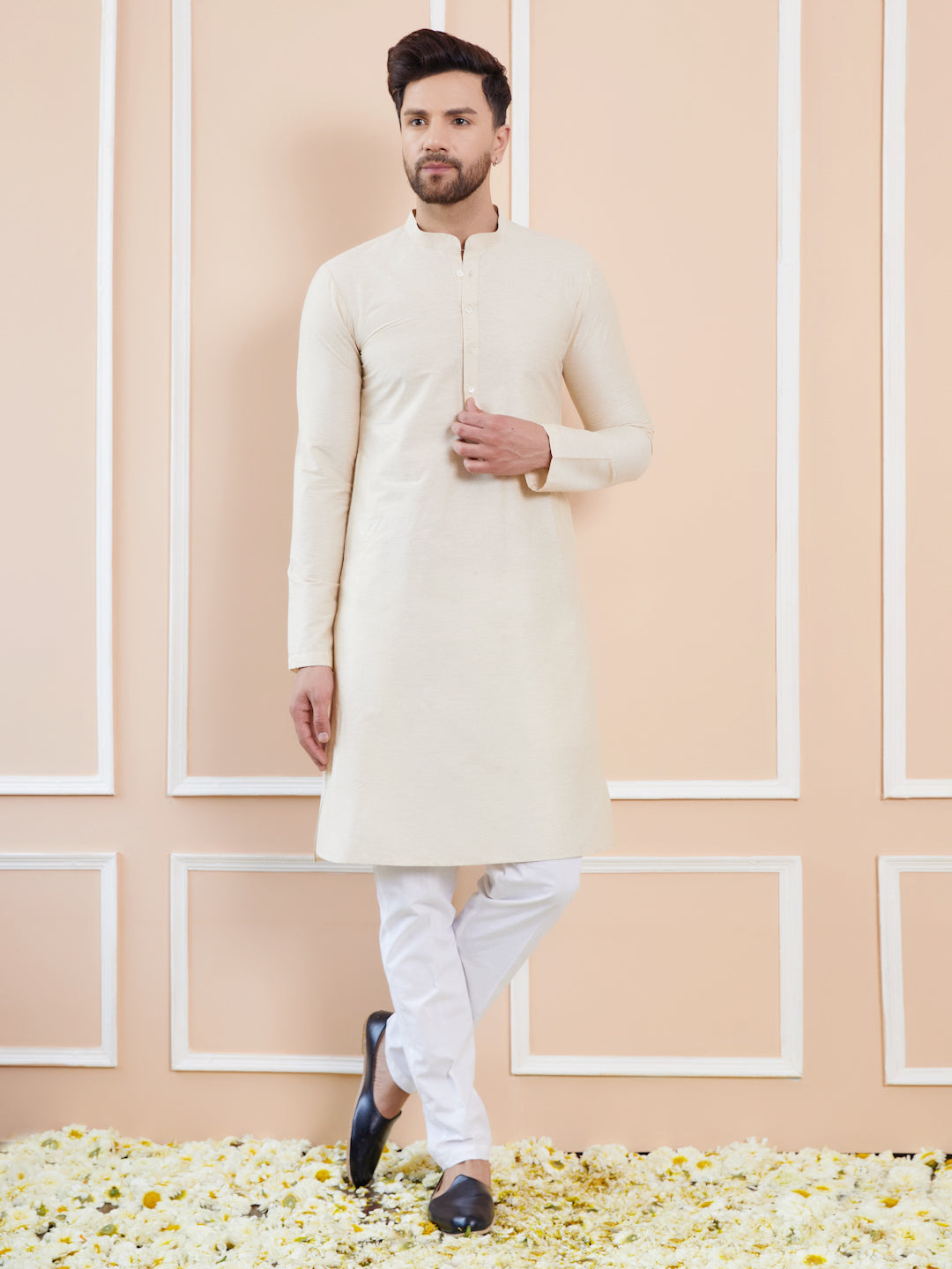 Ivory Cotton Solid Straight Kurta with Pyjama
