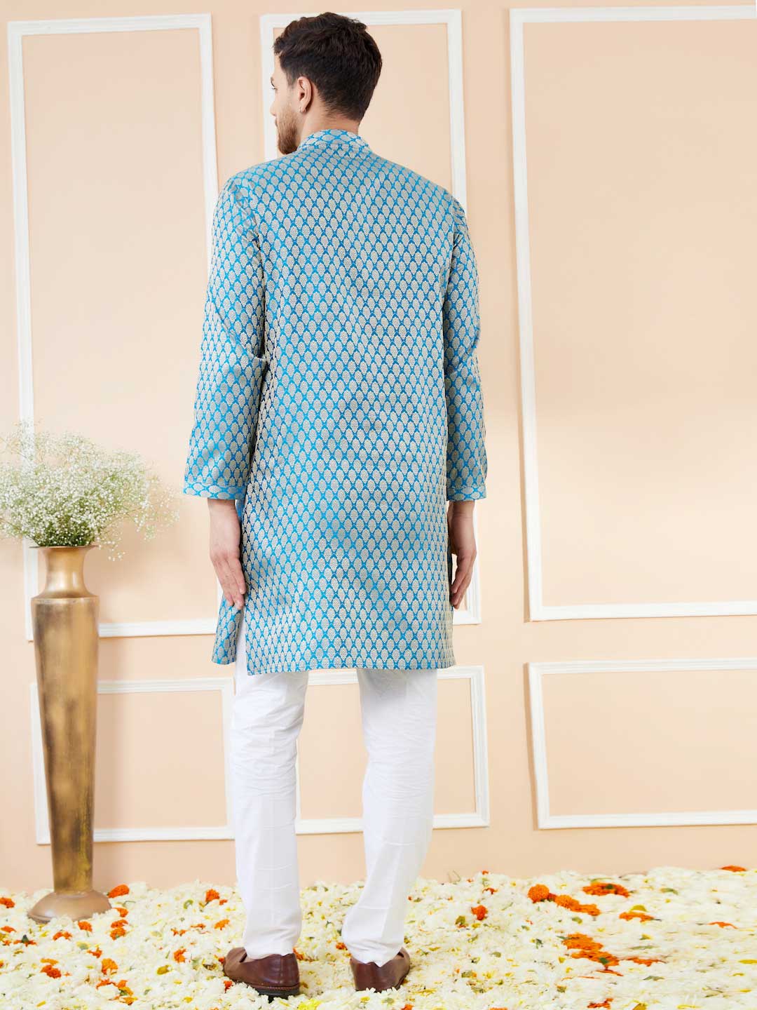 Blue Ethnic Motifs Silk Jacquard Woven Design Straight Kurta with Pyjama