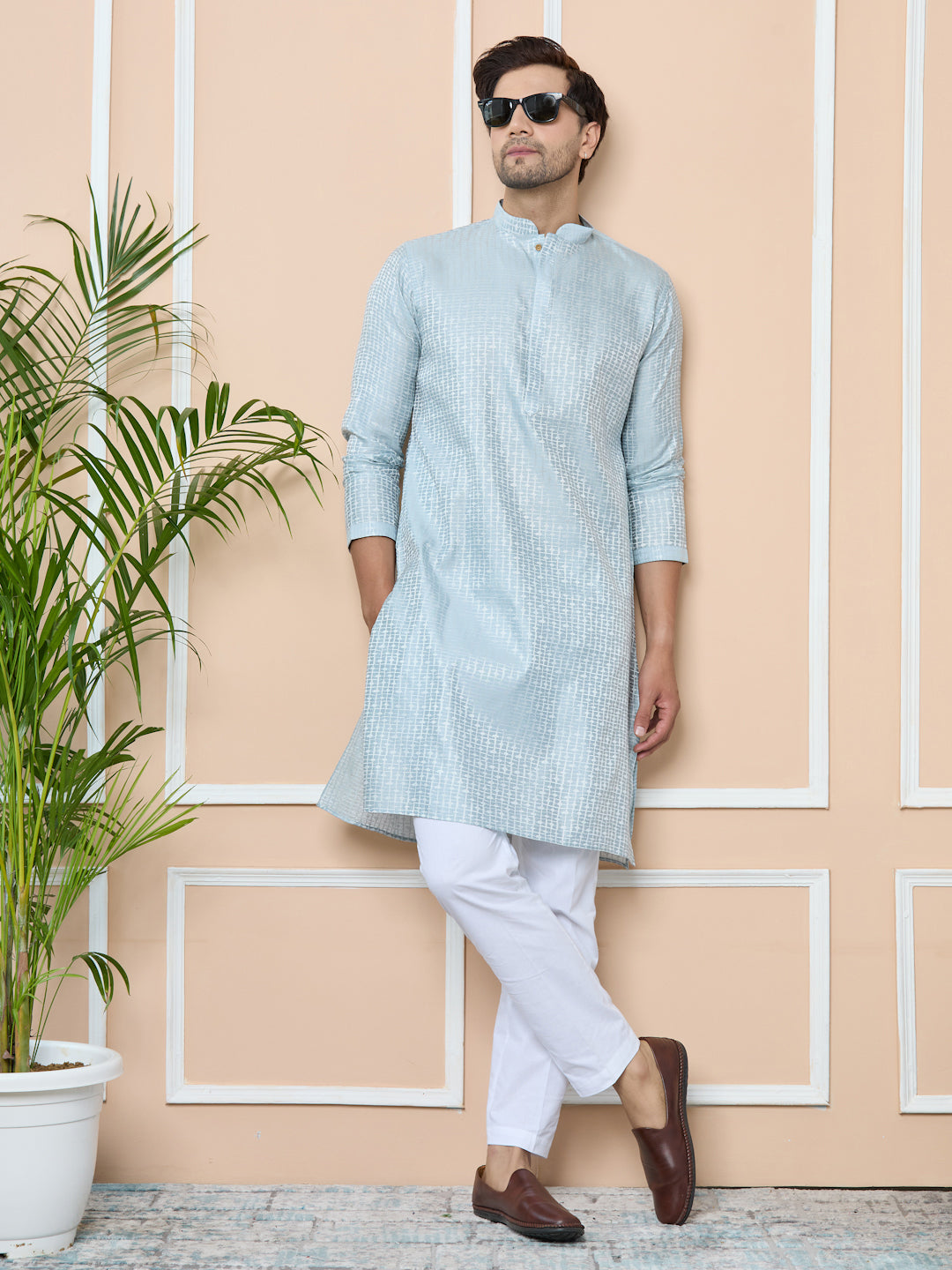 Aqua Blue Silk jacquard Straight kurta