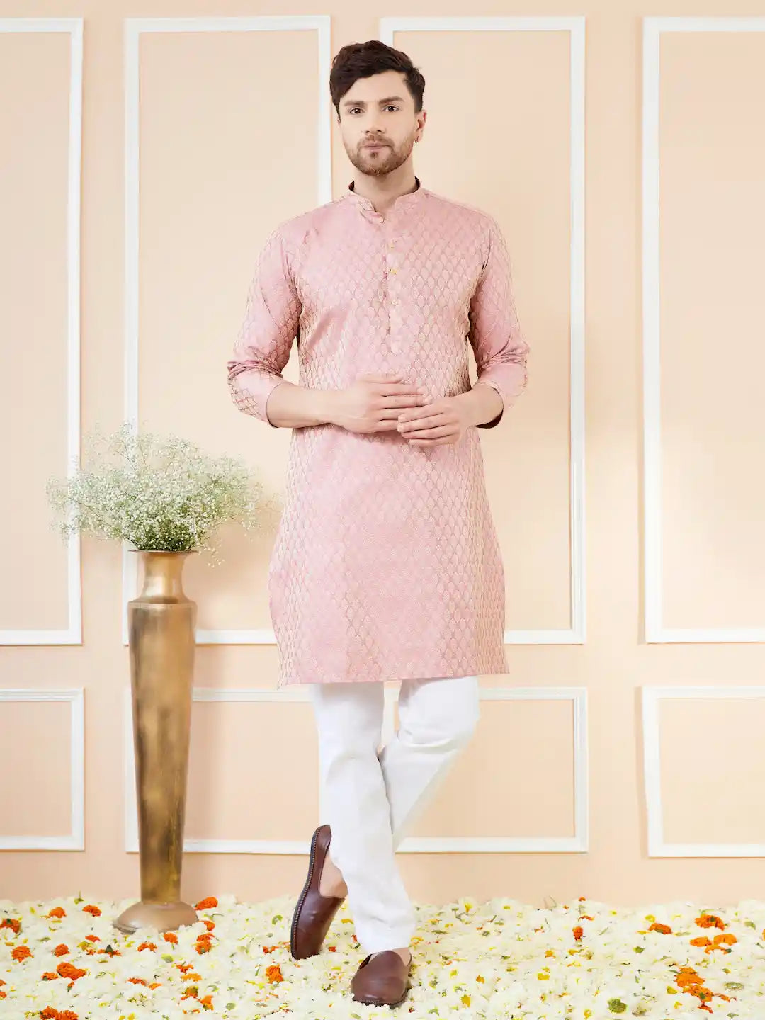 Pink Jacquard Silk Kurta Set for Men Floral Print Ethnic Wear for Celebrations - Buy