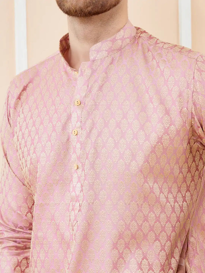 Pink Ethnic Motifs Silk Jacquard Woven Design Straight Kurta with Pyjama