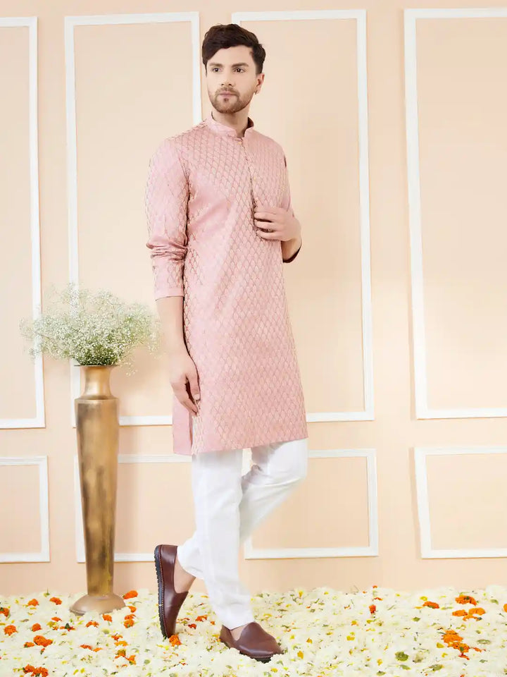 Pink Ethnic Motifs Silk Jacquard Woven Design Straight Kurta with Pyjama