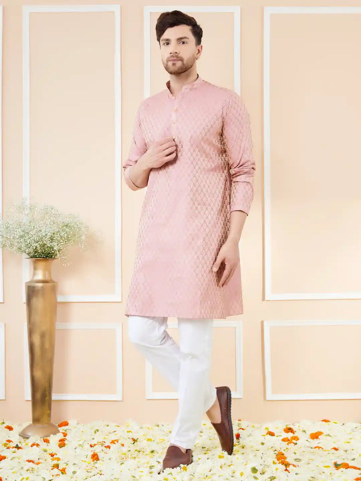 Pink Ethnic Motifs Silk Jacquard Woven Design Straight Kurta with Pyjama