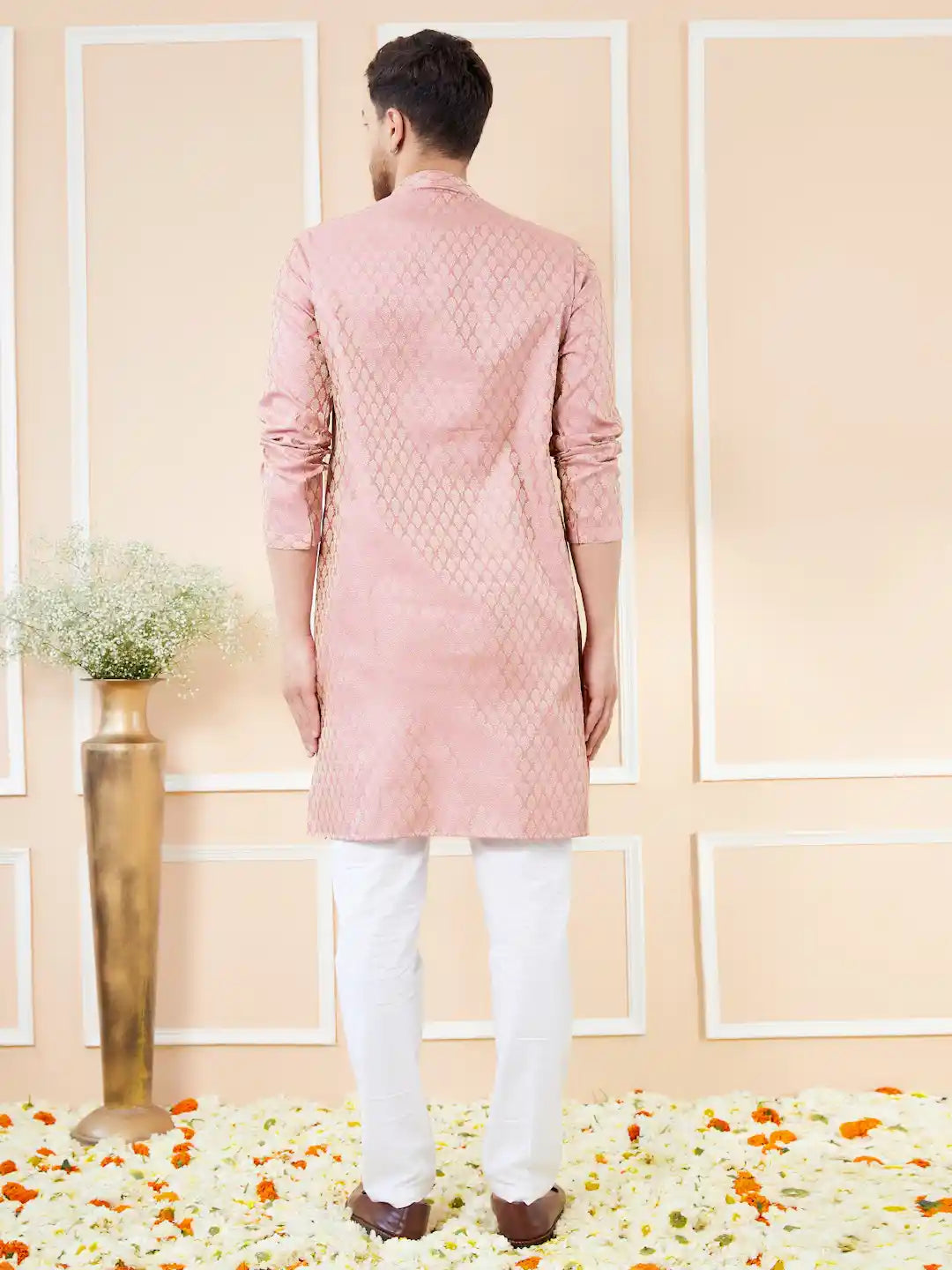 Pink Ethnic Motifs Silk Jacquard Woven Design Straight Kurta with Pyjama