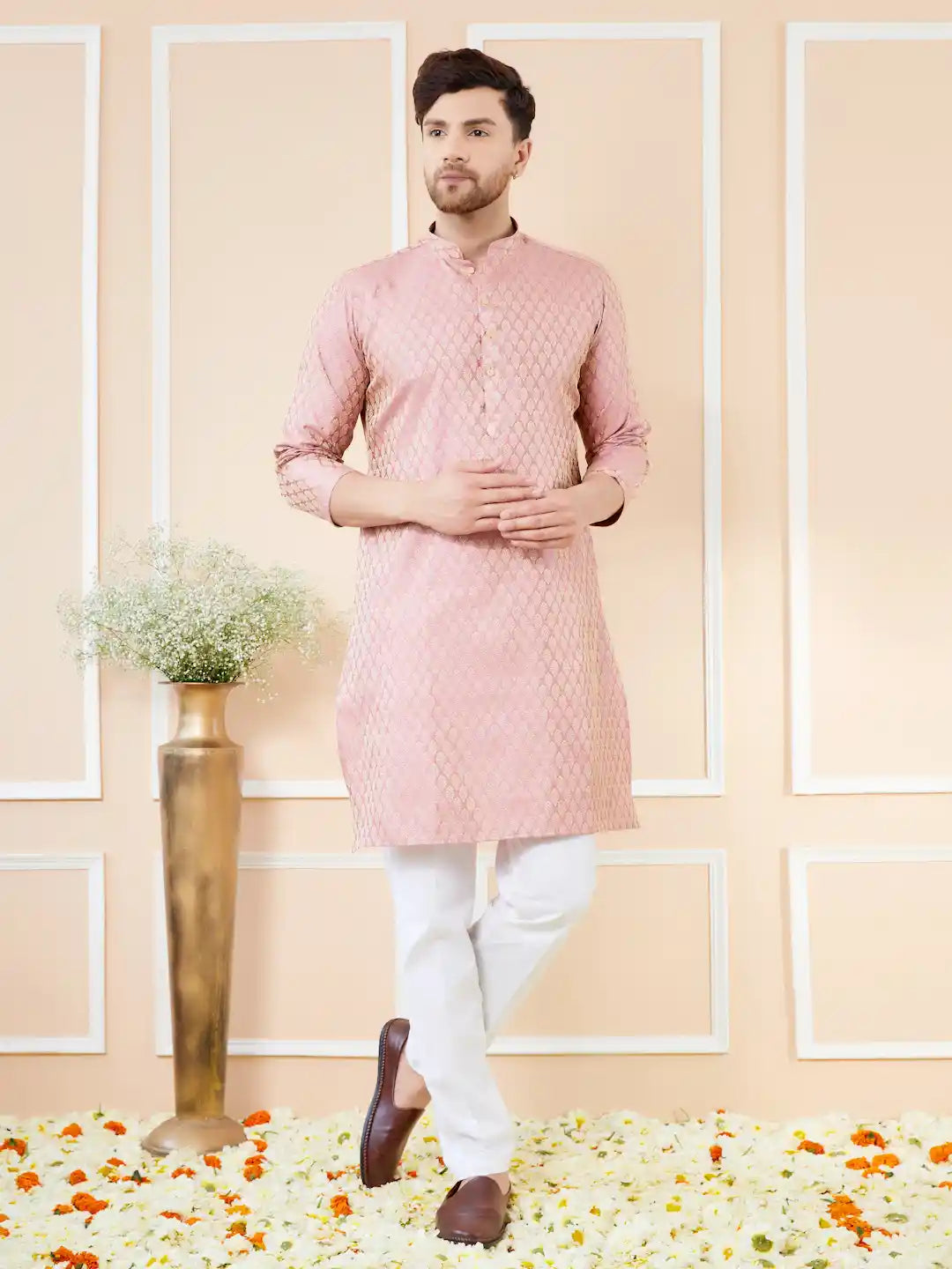 Pink Ethnic Motifs Silk Jacquard Woven Design Straight Kurta with Pyjama