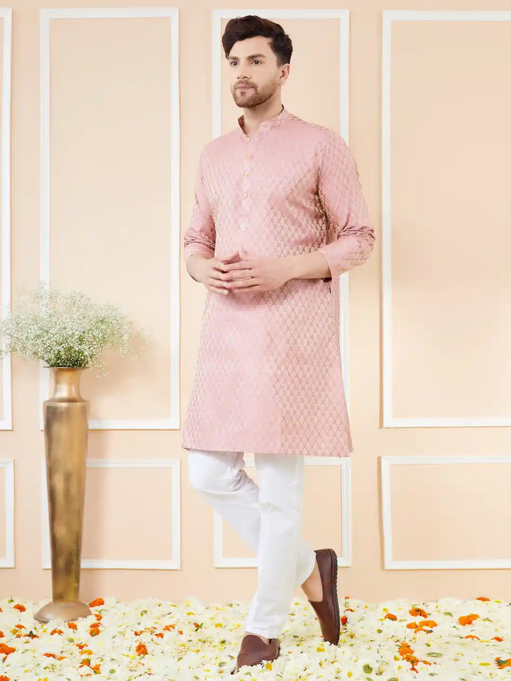 Pink Ethnic Motifs Silk Jacquard Woven Design Straight Kurta with Pyjama