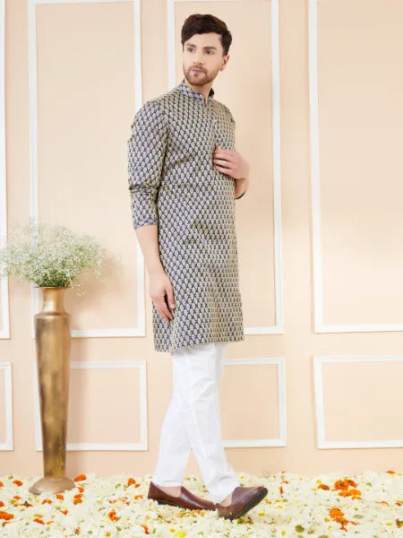 Navy Blue Ethnic Motifs Silk Jacquard Woven Design Straight Kurta with Pyjama
