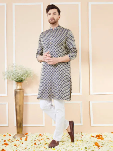 Navy Blue Ethnic Motifs Silk Jacquard Woven Design Straight Kurta with Pyjama