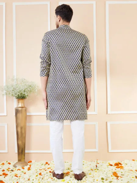 Navy Blue Ethnic Motifs Silk Jacquard Woven Design Straight Kurta with Pyjama