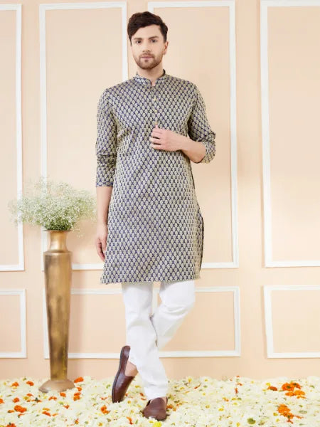 Navy Blue Ethnic Motifs Silk Jacquard Woven Design Straight Kurta with Pyjama