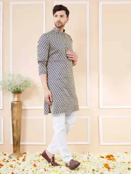 Navy Blue Ethnic Motifs Silk Jacquard Woven Design Straight Kurta with Pyjama