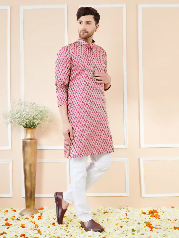 Pink Ethnic Motifs Silk Jacquard Woven Design Straight Kurta with Pyjama