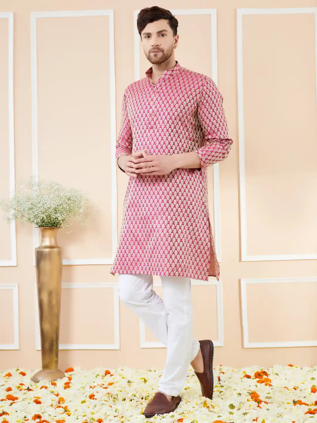Pink Ethnic Motifs Silk Jacquard Woven Design Straight Kurta with Pyjama