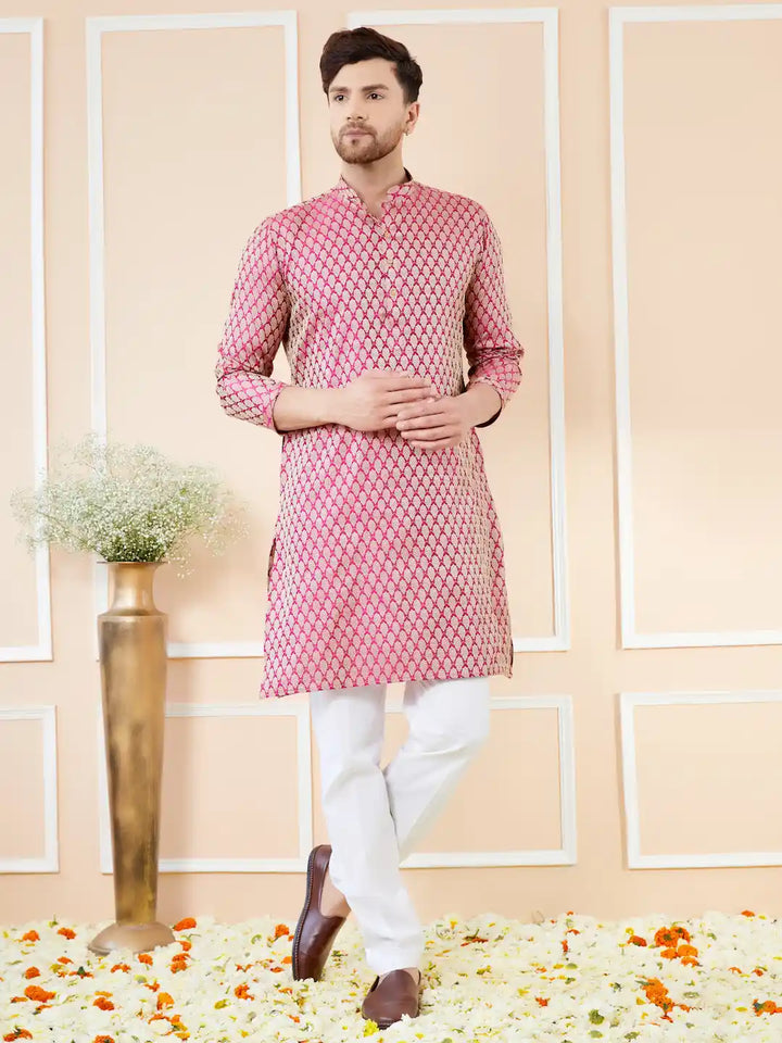 Pink Ethnic Motifs Silk Jacquard Woven Design Straight Kurta with Pyjama