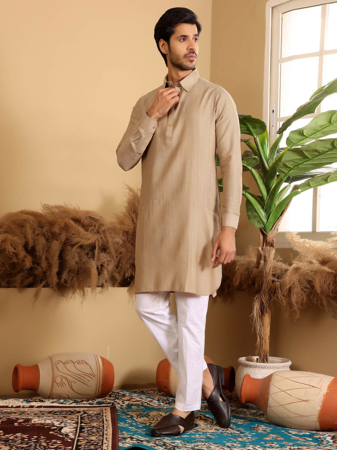 YELLOW PRINTED PATHANI KURTA