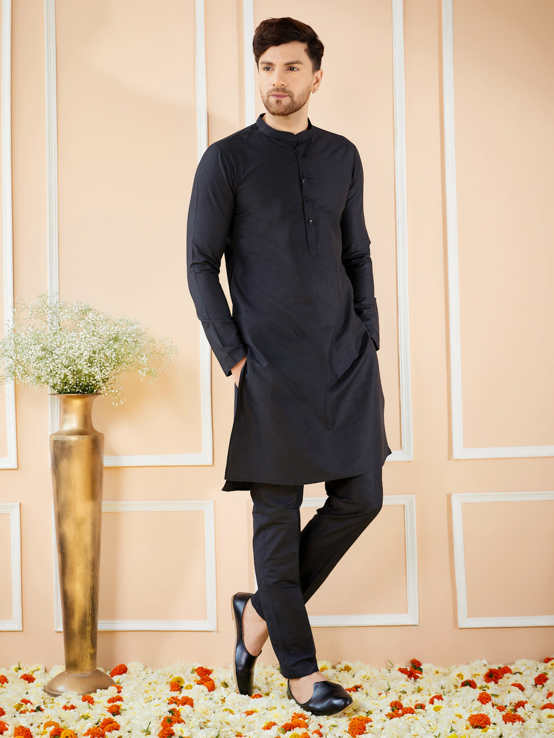 Black Cotton Solid Straight Kurta with Matching Pyjama