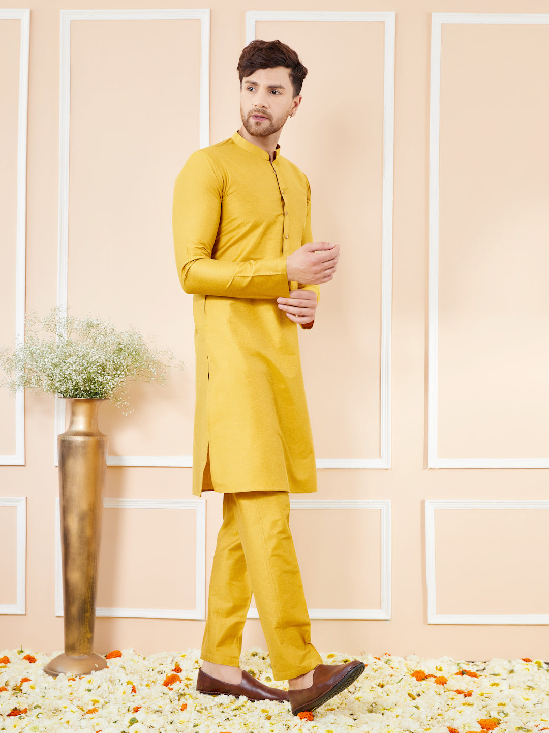Yellow Cotton Solid Straight Kurta with Matching Pyjama