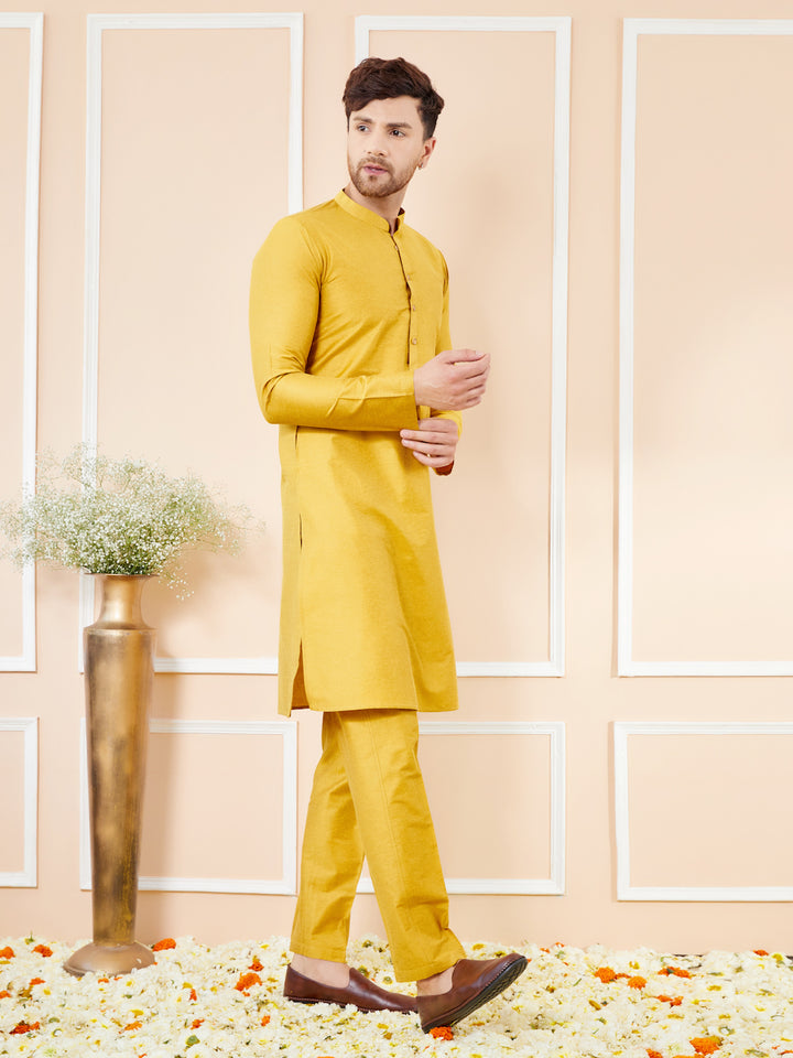 Yellow Cotton Solid Straight Kurta with Matching Pyjama