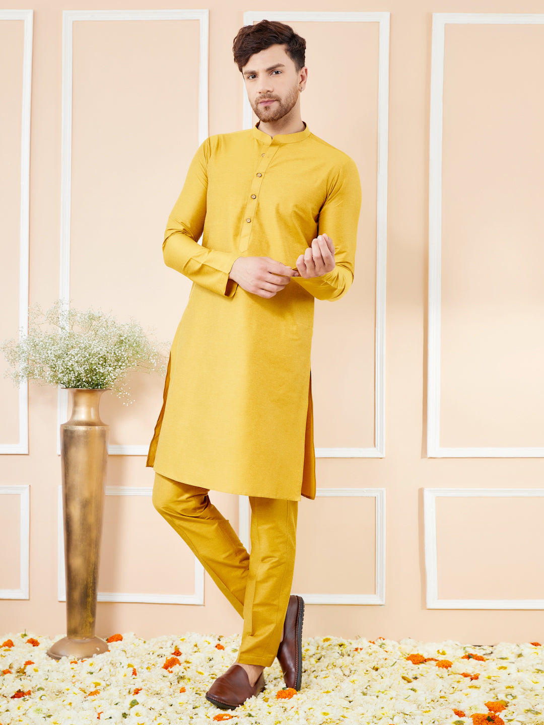 Yellow Cotton Solid Straight Kurta with Matching Pyjama