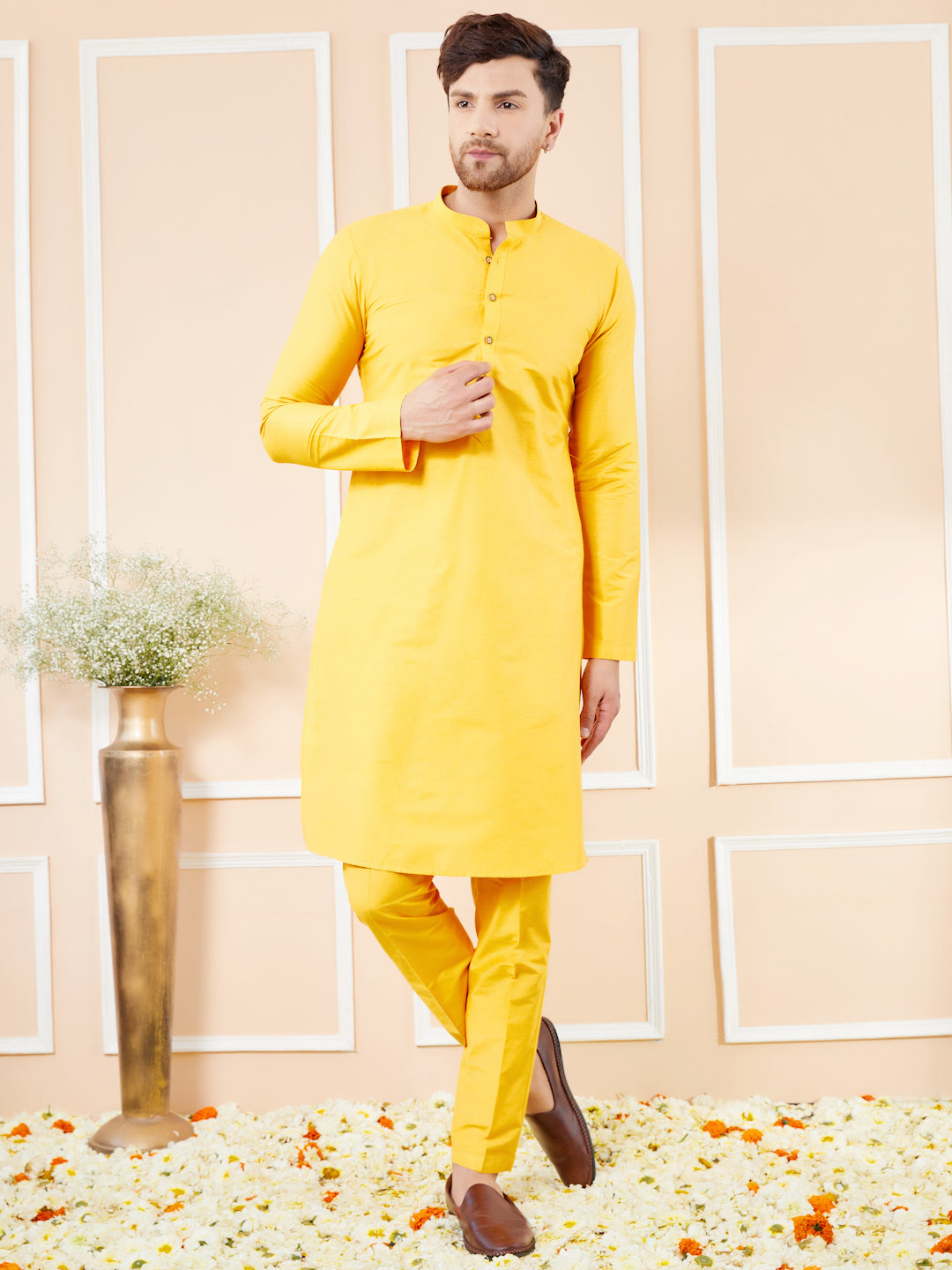Yellow Cotton Solid Straight Kurta with Matching Pyjama