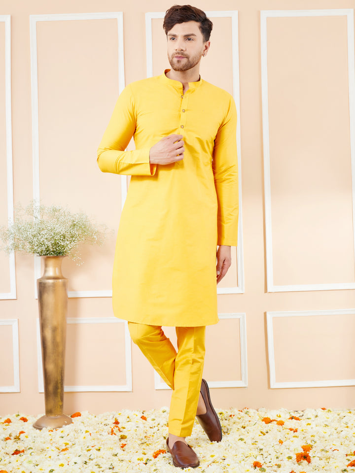 Yellow Cotton Solid Straight Kurta with Matching Pyjama