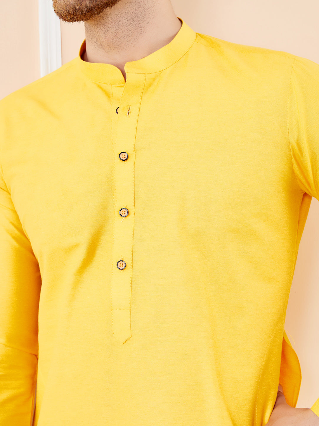 Yellow Cotton Solid Straight Kurta with Matching Pyjama