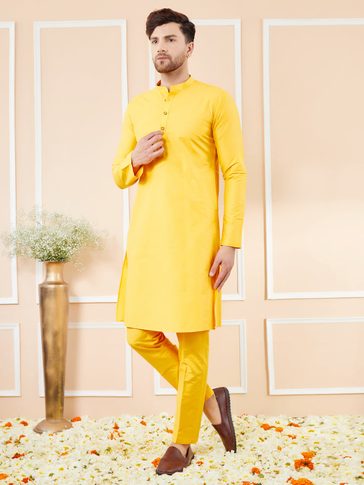 Yellow Cotton Solid Straight Kurta with Matching Pyjama