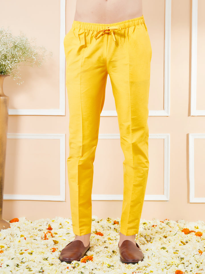 Yellow Cotton Solid Straight Kurta with Matching Pyjama