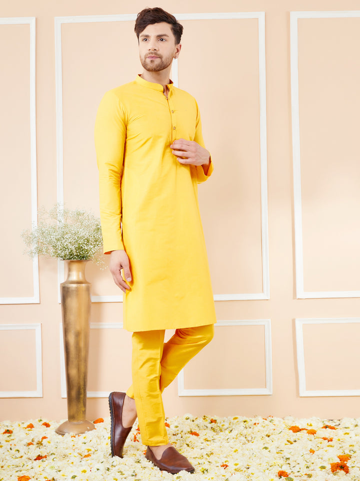 Yellow Cotton Solid Straight Kurta with Matching Pyjama