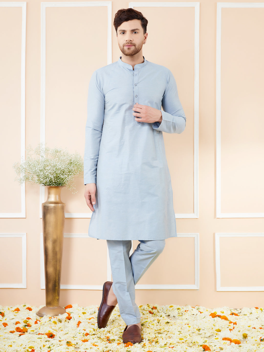 Blue Cotton Solid Straight Kurta with Matching Pyjama