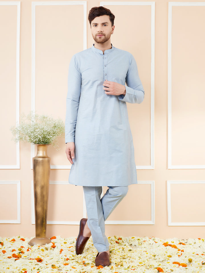 Blue Cotton Solid Straight Kurta with Matching Pyjama
