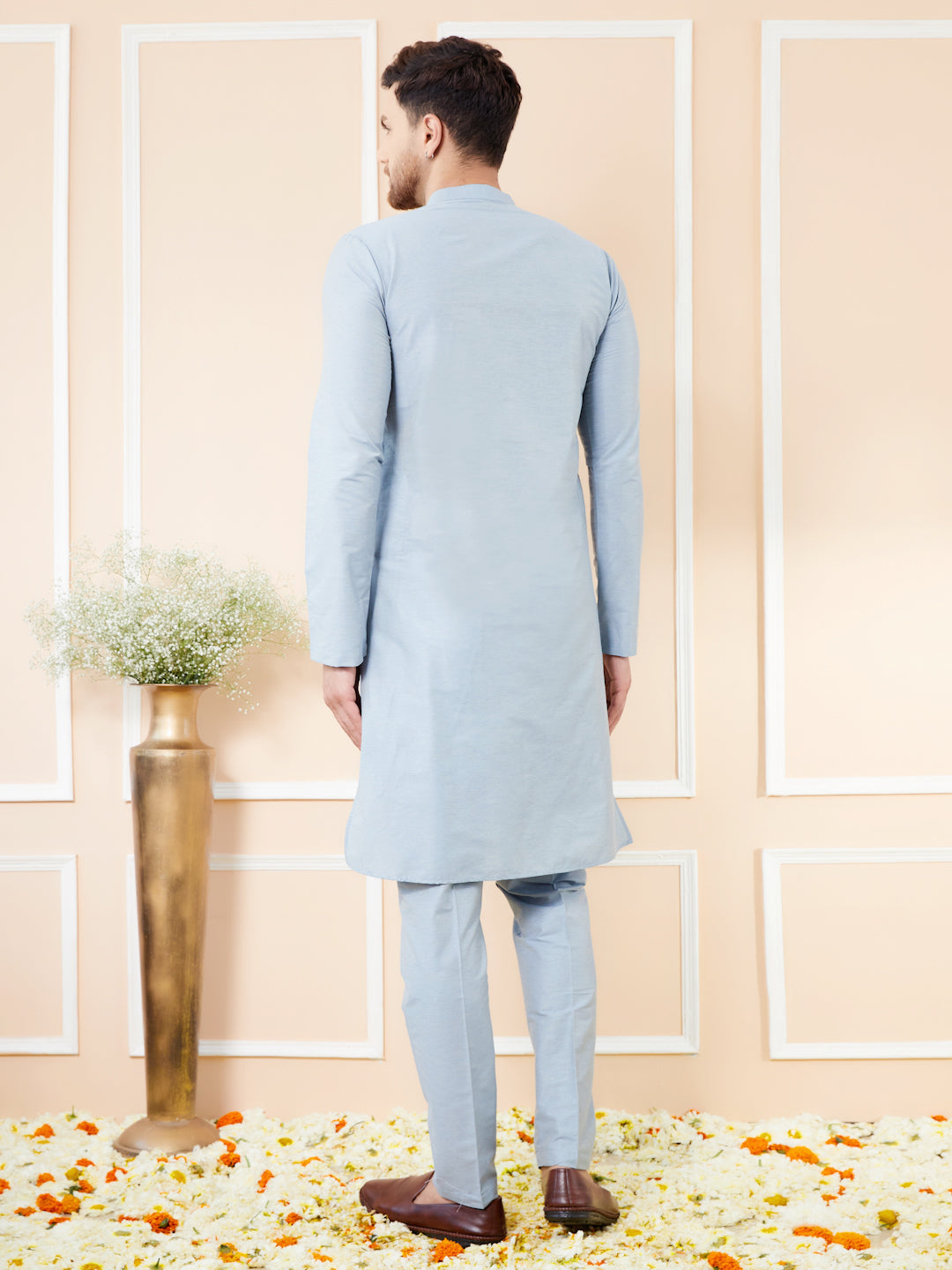 Blue Cotton Solid Straight Kurta with Matching Pyjama