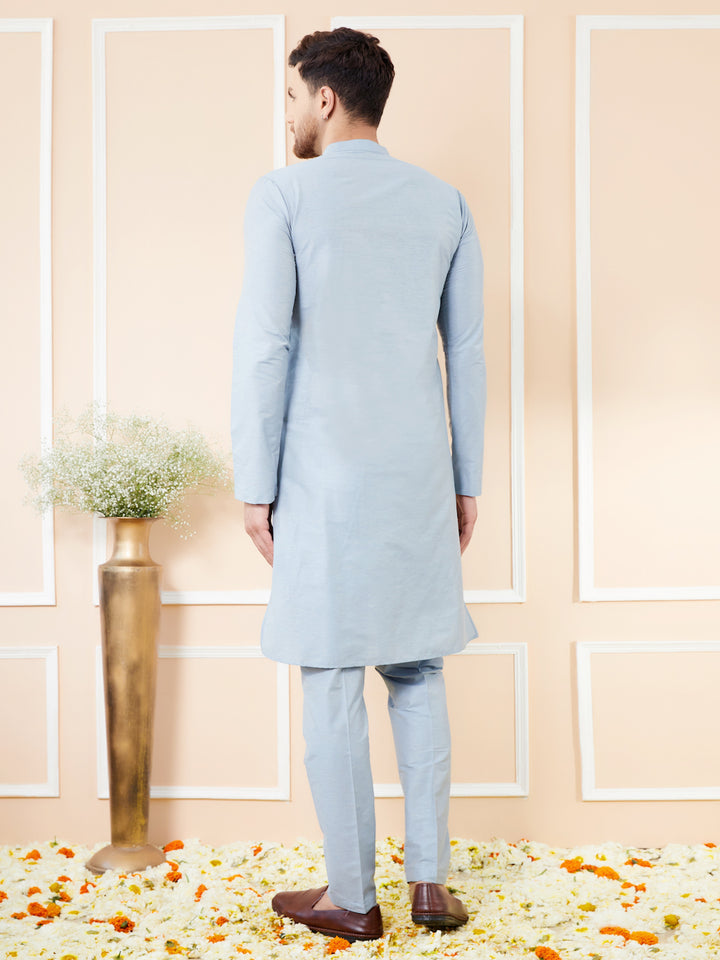 Blue Cotton Solid Straight Kurta with Matching Pyjama