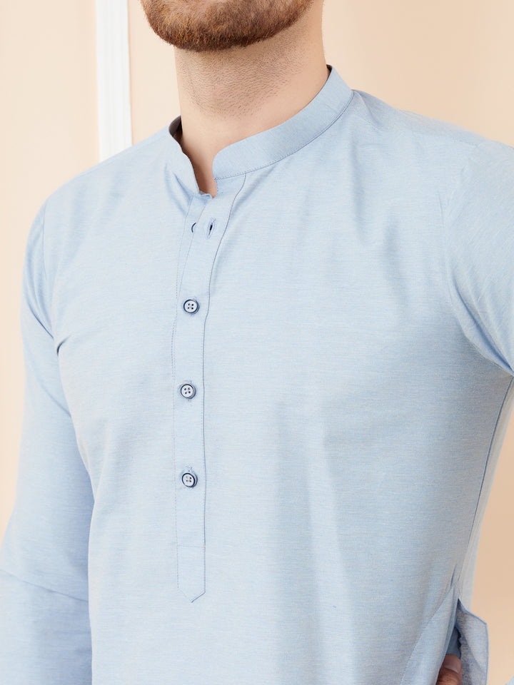 Blue Cotton Solid Straight Kurta with Matching Pyjama