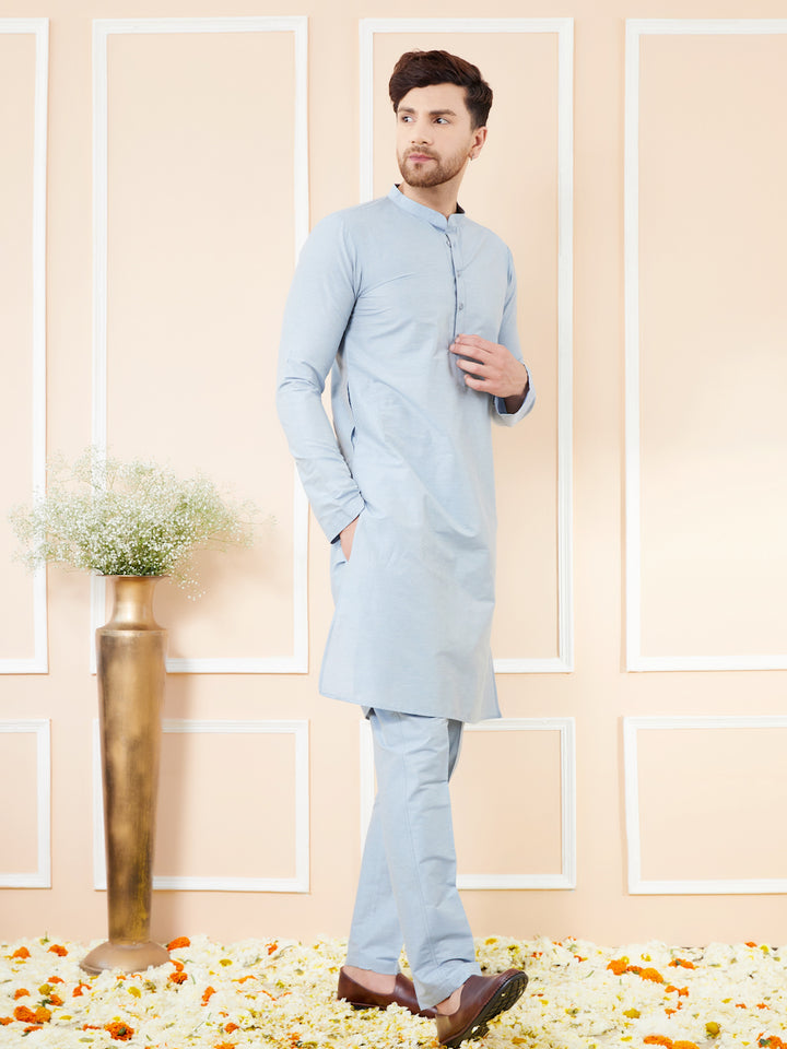 Blue Cotton Solid Straight Kurta with Matching Pyjama