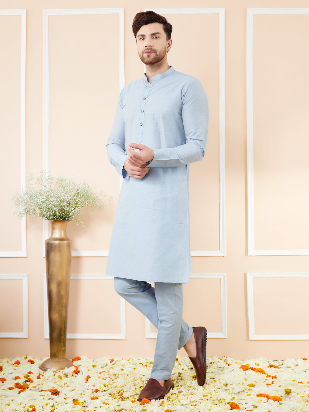 Blue Cotton Solid Straight Kurta with Matching Pyjama