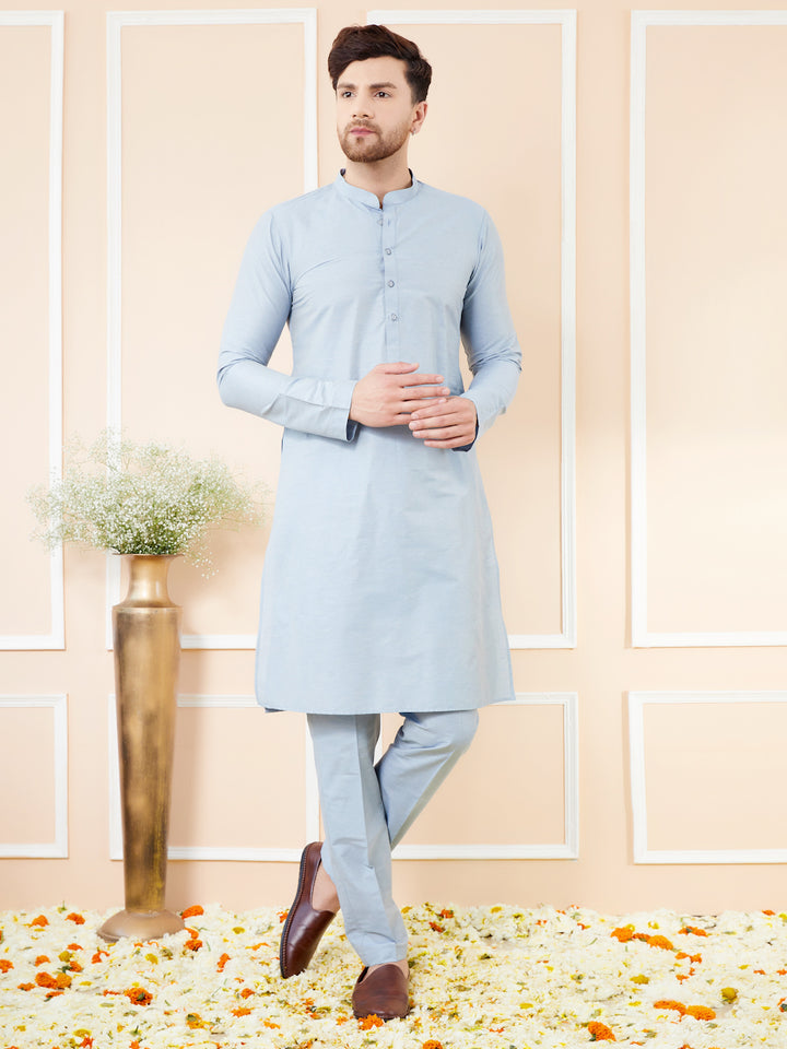 Blue Cotton Solid Straight Kurta with Matching Pyjama